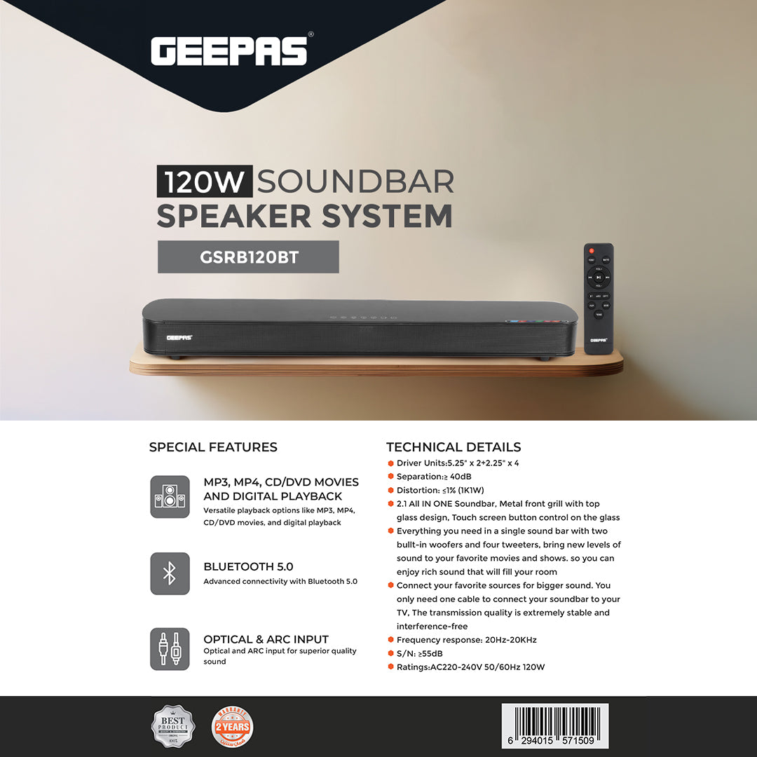 Geepas GSRB120BT 120W Soundbar | 2.1 Channel All-in-One Speaker System |Built-in Woofers & Tweeters|  Bluetooth 5.0, Optical & ARC Input| Touch Control| 2 Years Warranty