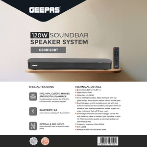 Geepas GSRB120BT 120W Soundbar | 2.1 Channel All-in-One Speaker System |Built-in Woofers & Tweeters|  Bluetooth 5.0, Optical & ARC Input| Touch Control| 2 Years Warranty