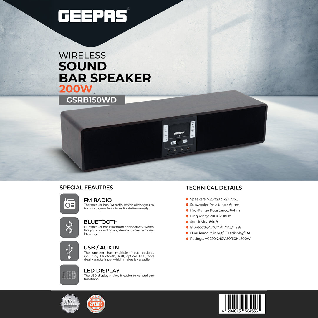 Geepas GSRB150WD Wireless Sound Bar Speaker 200W | Bluetooth, USB, AUX, Optical, FM Radio & Dual Karaoke Mic | Dual Karaoke Microphone Inputs | Integrated FM Radio