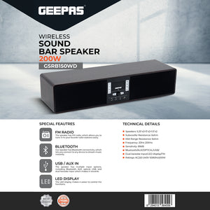 Geepas GSRB150WD Wireless Sound Bar Speaker 200W | Bluetooth, USB, AUX, Optical, FM Radio & Dual Karaoke Mic | Dual Karaoke Microphone Inputs | Integrated FM Radio