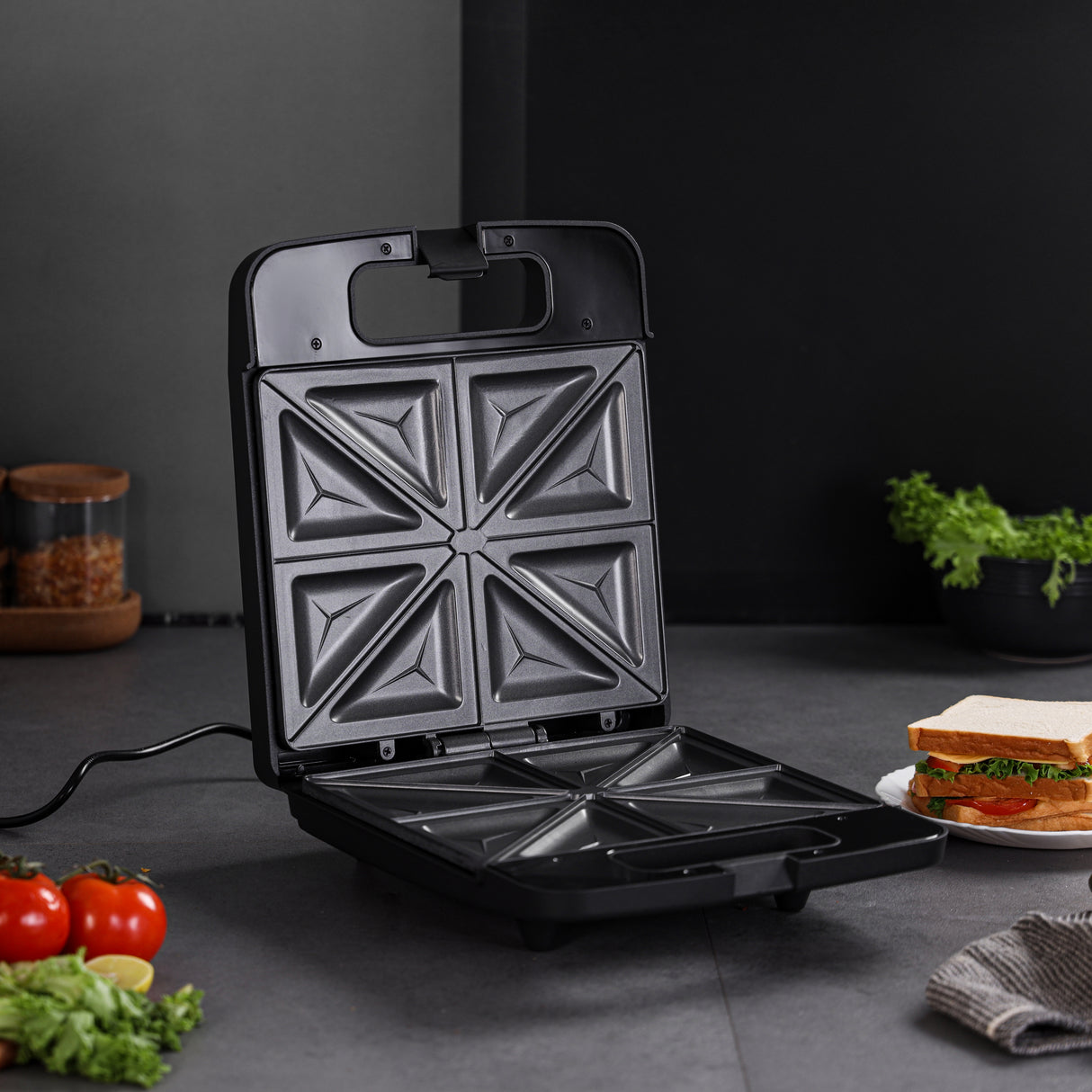 Geepas 4 Slice Sandwich Maker- GST5391 | 1100W with Automatic Temperature Control, Non-Stick Plates, Cool Touch Handle | Perfect for Breakfast & Snacks | 2Year Warranty