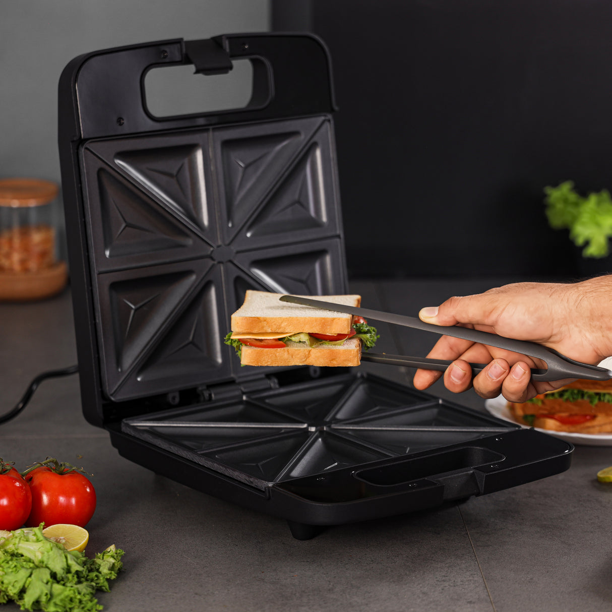 Geepas 4 Slice Sandwich Maker- GST5391 | 1100W with Automatic Temperature Control, Non-Stick Plates, Cool Touch Handle | Perfect for Breakfast & Snacks | 2Year Warranty