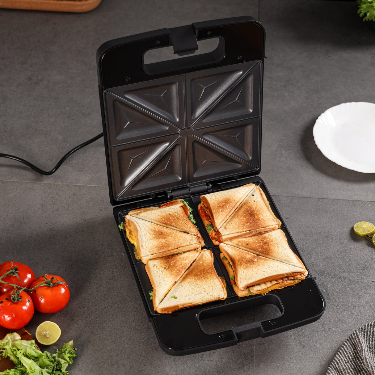 Geepas 4 Slice Sandwich Maker- GST5391 | 1100W with Automatic Temperature Control, Non-Stick Plates, Cool Touch Handle | Perfect for Breakfast & Snacks | 2Year Warranty