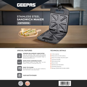 Geepas 4 Slice Sandwich Maker- GST5391 | 1100W with Automatic Temperature Control, Non-Stick Plates, Cool Touch Handle | Perfect for Breakfast & Snacks | 2Year Warranty