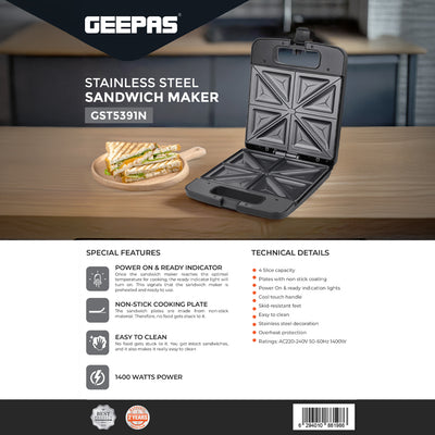 Geepas 4 Slice Sandwich Maker- GST5391 | 1100W with Automatic Temperature Control, Non-Stick Plates, Cool Touch Handle | Perfect for Breakfast & Snacks | 2Year Warranty