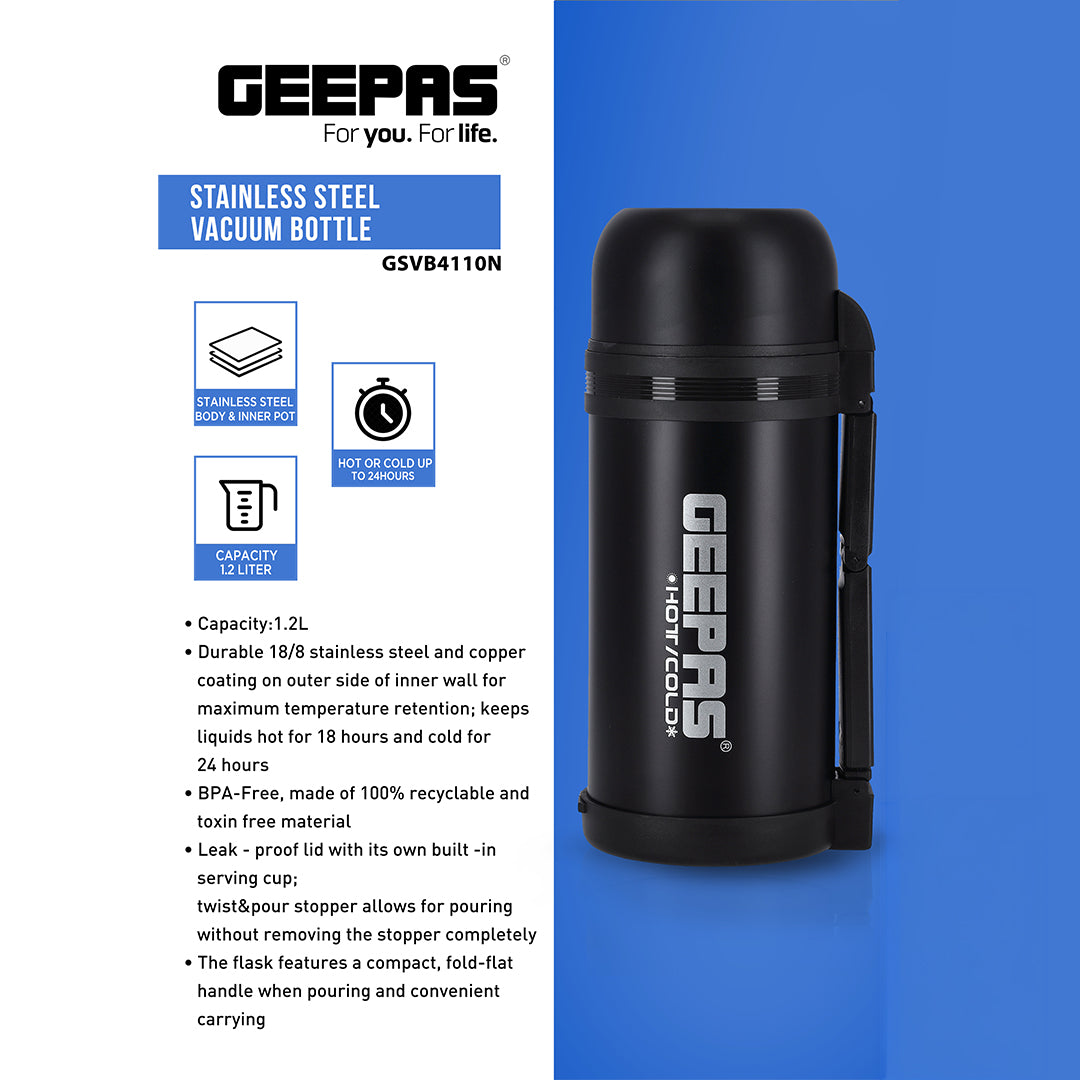 Geepas GSVB4110 Stainless Steel Vacuum Bottle | 1.2L | Double-Walled 18/8 Stainless Steel with Copper Coating | Hot 18H/Cold 24H Retention | BPA-Free | 2 Years Warranty