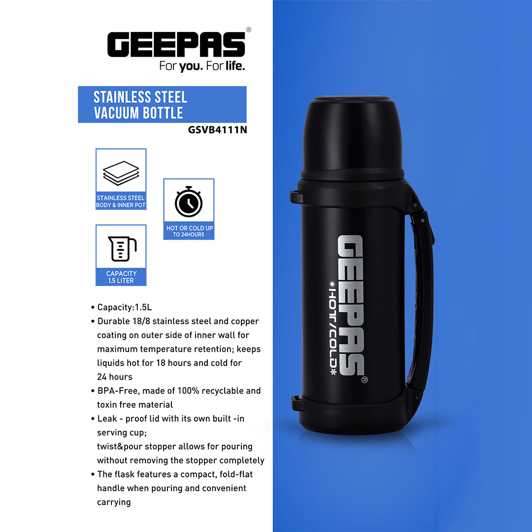 Geepas GSVB4111  Stainless Steel Vacuum Bottle | 1.5L Capacity| Hot & Cold Insulation up to 24 Hours | 18/8 Steel & Copper Coating | Leak-Proof Design | 2 Year Warranty