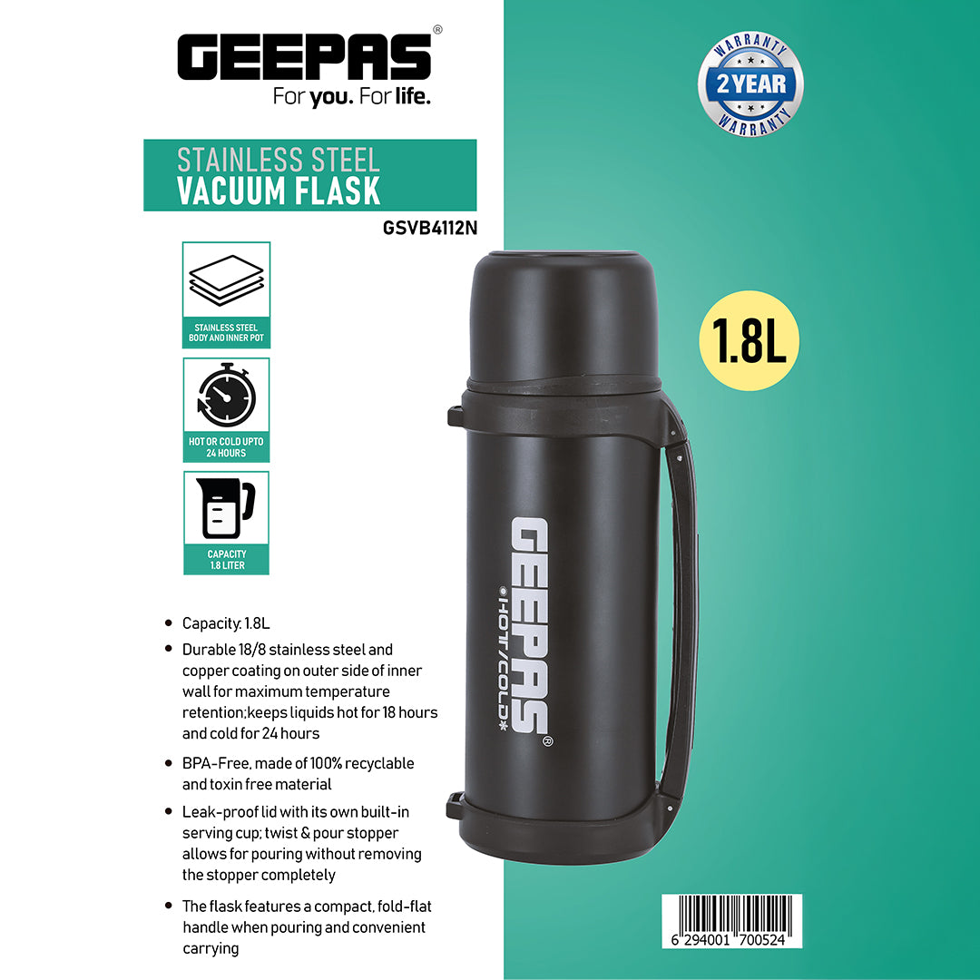 Geepas GSVB4112 Stainless Steel Vacuum Flask | 1.8L Capacity | Double-Walled Insulation for 24-Hour Hot & Cold Retention | Leak-Proof & BPA-Free Design| 2 Years Warranty
