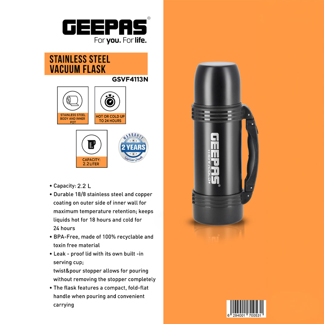 Geepas GSVB4113  Stainless Steel Vacuum Flask | 2.2 L| Double Wall Insulated Hot & Cold Thermal Bottle| Leak-Proof|  Ideal for Home, Office & Travel| 2 Years Warranty