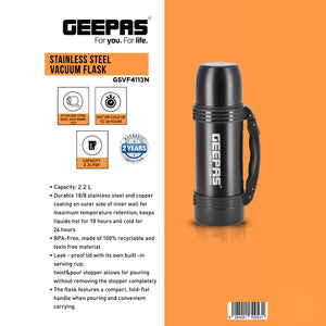 Geepas GSVB4113  Stainless Steel Vacuum Flask | 2.2 L| Double Wall Insulated Hot & Cold Thermal Bottle| Leak-Proof|  Ideal for Home, Office & Travel| 2 Years Warranty