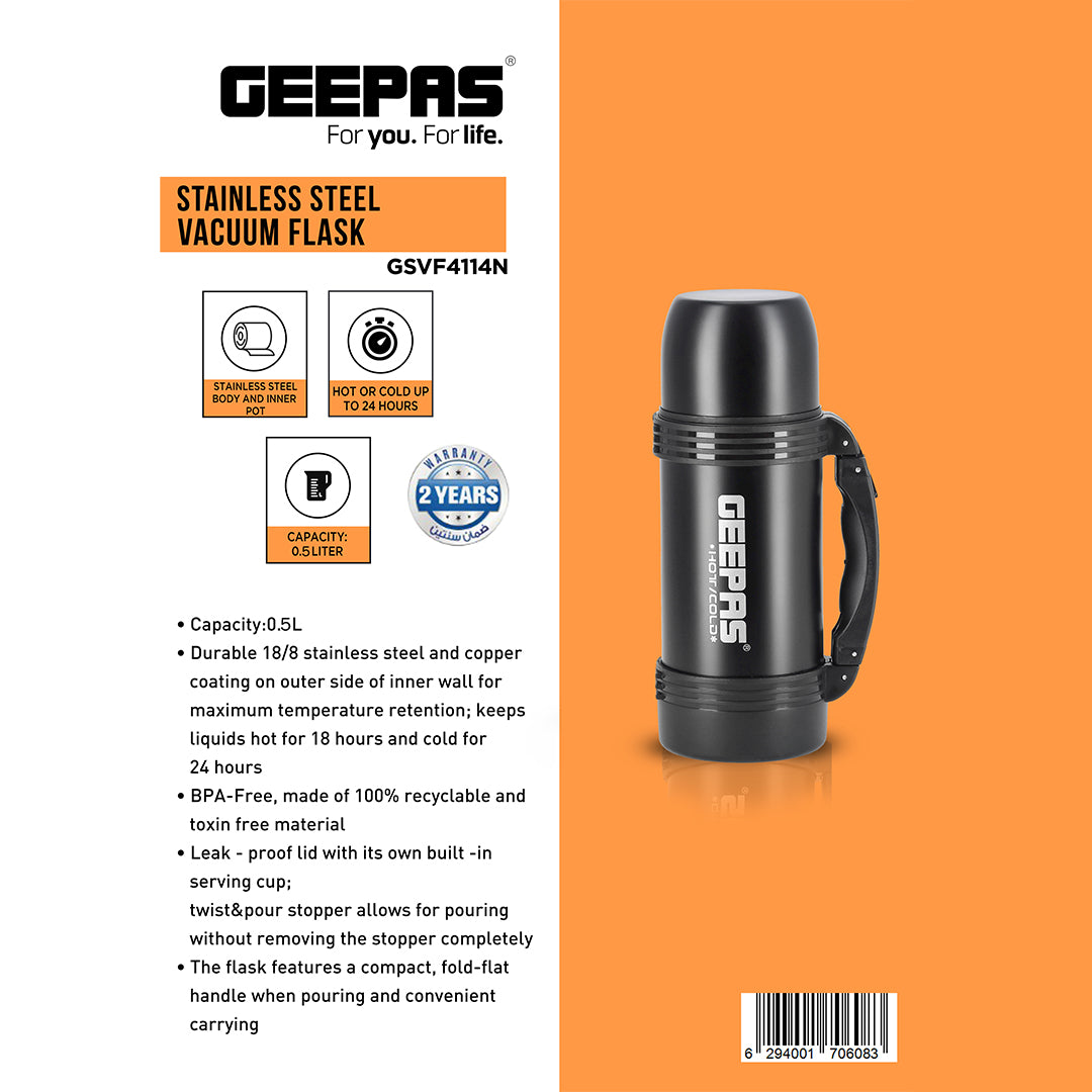 Geepas GSVF4114 Stainless Steel Vacuum Flask | 0.5L Capacity | 18/8 Stainless Steel with Copper Coating | Hot 18H/Cold 24H Retention  | BPA-Free | 2 Years Warranty