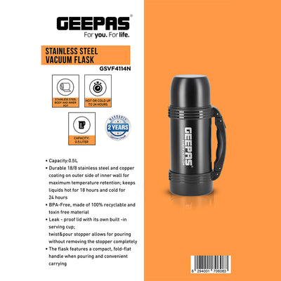 Geepas GSVF4114 Stainless Steel Vacuum Flask | 0.5L Capacity | 18/8 Stainless Steel with Copper Coating | Hot 18H/Cold 24H Retention  | BPA-Free | 2 Years Warranty