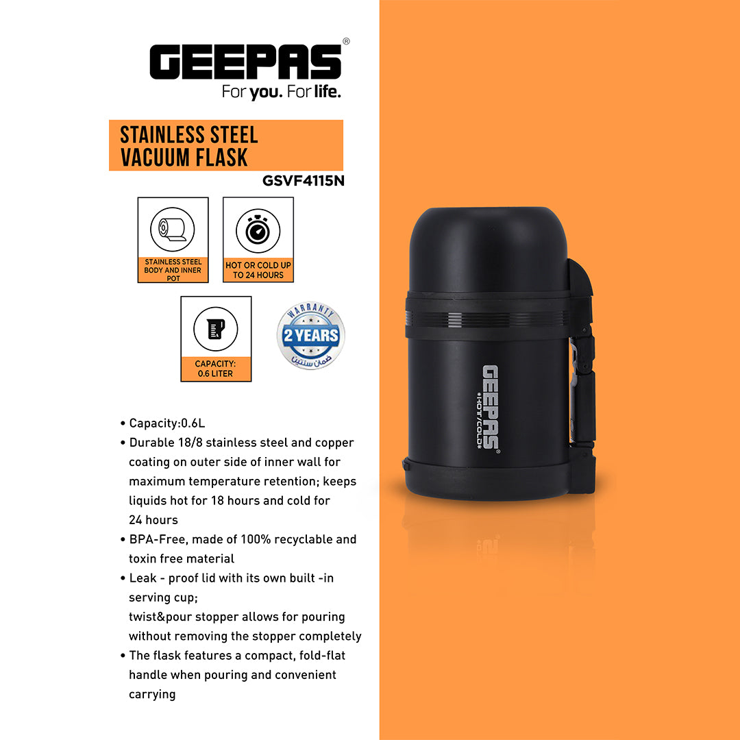 Geepas GSVF4115 Stainless Steel Vacuum Flask | 0.6L Hot & Cold Thermal Flask | Leak-Proof Lid | Vacuum Insulation| Built-In Cup |Flat Handle & Long Temperature Retention