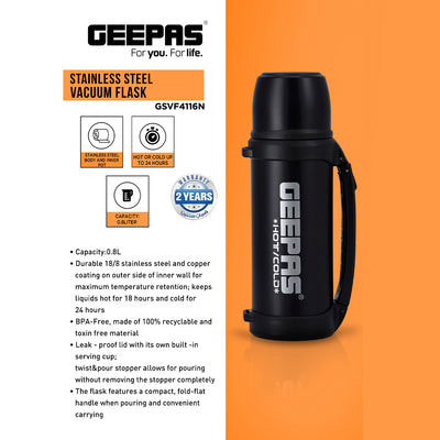 Geepas GSVF4116 Stainless Steel Vacuum Flask | 0.8 L Capacity| Double Wall Insulation Keeps Beverages Hot & Cold for 24 Hours |  Easy to Clean | 2 Years Warranty