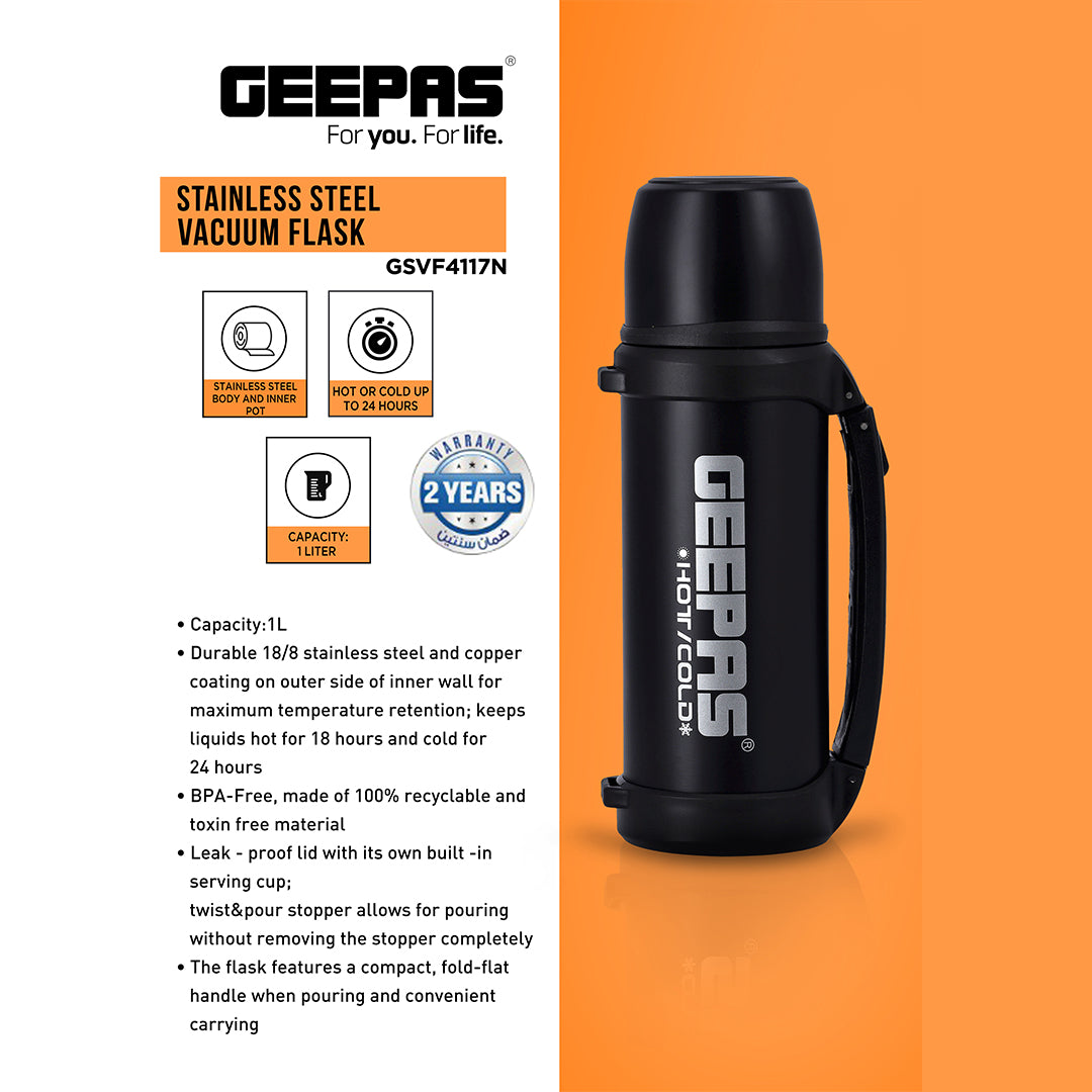 Geepas GSVF4117 Stainless Steel Vacuum Flask | 1L Capacity |Double-Walled 18/8 Stainless Steel & Copper Coating | Hot 18H/Cold 24H Retention |BPA-Free | 2 Years Warranty