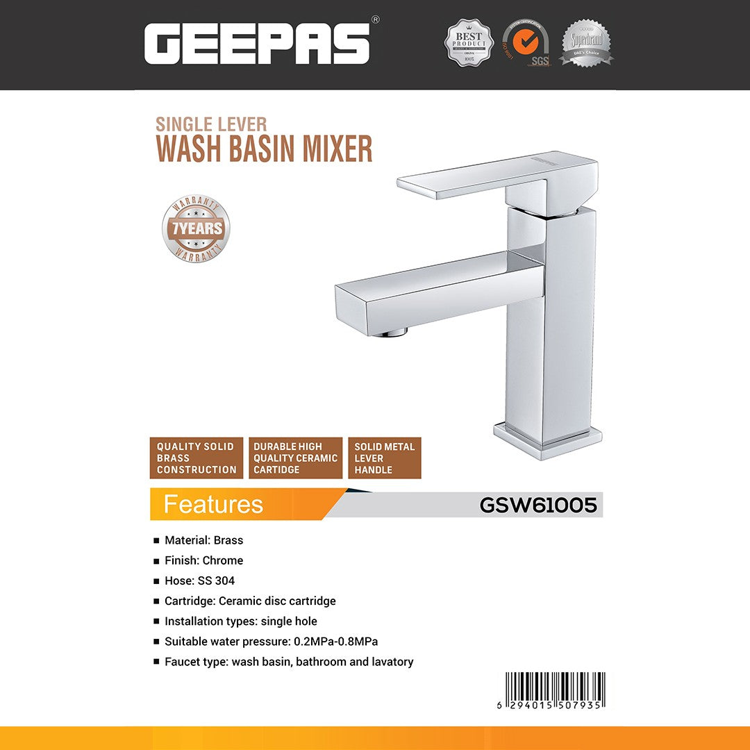 Geepas GSW61005 Single Lever Wash Basin Mixer | Solid Brass Bathroom Faucet with Chrome Finish | Durable Ceramic Disc Cartridge | SS304 Hose |  7-Year Warranty