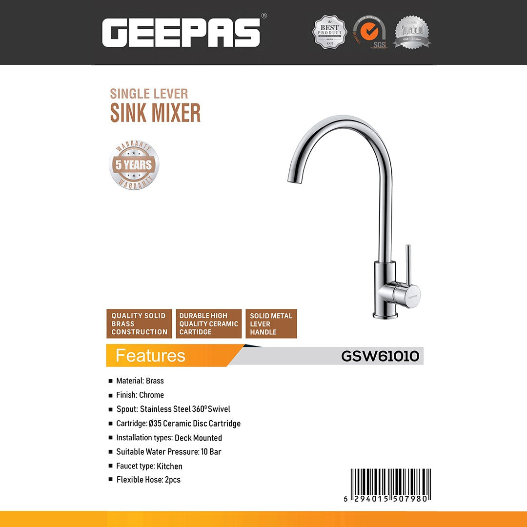 Geepas Single Lever Sink Mixer- GSW61010 | Brass Deck Mounted Kitchen Tap | Solid Metal Handle, 35 Ceramic Cartridge, Leak-Proof & 360° Swivel Spout | 5Year Warranty