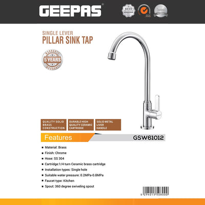 Geepas GSW61012 Single Lever Pillar Sink Tap with 360° Swivel Spout |  Solid Brass Construction | Chrome Finish | Ceramic Cartridge | Single-Hole Kitchen Faucet