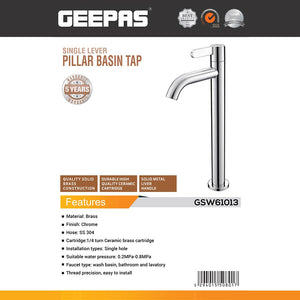 Geepas GSW61013 Single Lever Pillar Basin Tap | Solid Brass Bathroom Faucet with Chrome Finish | 1/4 Turn Ceramic Cartridge & SS304 Hose | Easy Single-Hole Installation
