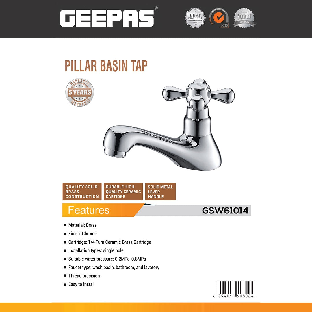 Geepas GSW61014 Pillar Basin Tap | Solid Brass Bathroom Faucet with Chrome Finish  | 1/4 Turn Ceramic Cartridge |  Single Hole Installation  |  5-Year Warranty