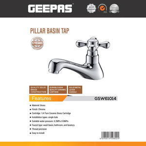 Geepas GSW61014 Pillar Basin Tap | Solid Brass Bathroom Faucet with Chrome Finish  | 1/4 Turn Ceramic Cartridge |  Single Hole Installation  |  5-Year Warranty