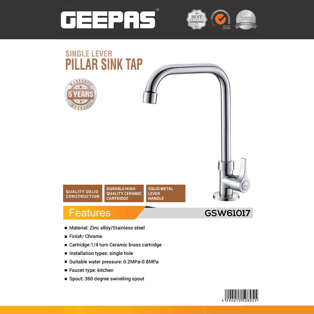Geepas GSW61017 Single Lever Pillar Sink Tap| Chrome Kitchen Faucet | 360° Swivel Spout| Ceramic Brass Cartridge| Single Hole Kitchen Mixer Tap with Metal Handle Design