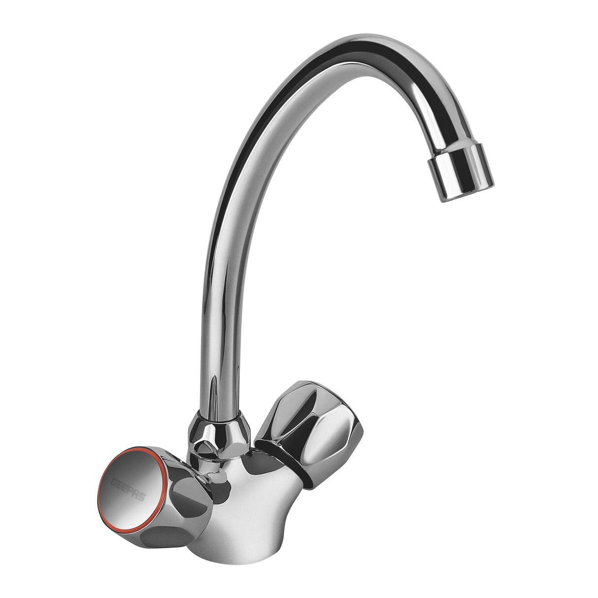 Geepas GSW61024 Dual Handle Sink Mixer | Swiveling Spout | Solid Brass Body | Chrome Finish | Ceramic Cartridge & Wall-Mounted Kitchen Faucet | Solid metal wheel handles