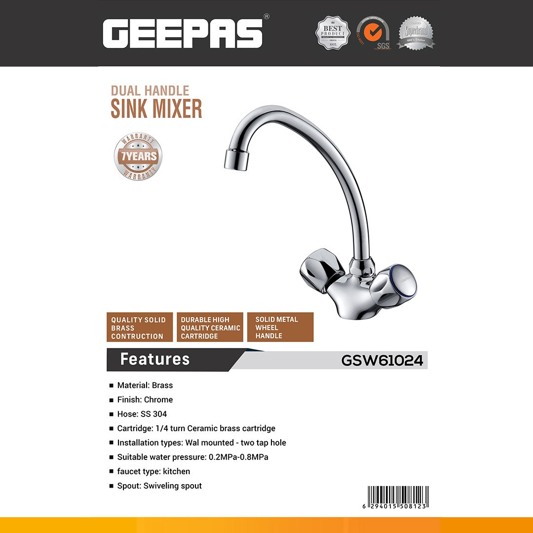 Geepas GSW61024 Dual Handle Sink Mixer | Swiveling Spout | Solid Brass Body | Chrome Finish | Ceramic Cartridge & Wall-Mounted Kitchen Faucet | Solid metal wheel handles