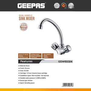 Geepas GSW61024 Dual Handle Sink Mixer | Swiveling Spout | Solid Brass Body | Chrome Finish | Ceramic Cartridge & Wall-Mounted Kitchen Faucet | Solid metal wheel handles