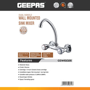 Geepas GSW61026 Dual Handle Wall Mounted Sink Mixer| Solid Brass Kitchen Faucet with Swivel Spout| 1/4 Turn Ceramic Cartridge & Chrome Finish for Two Tap Hole Kitchen