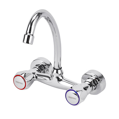 Geepas GSW61026 Dual Handle Wall Mounted Sink Mixer| Solid Brass Kitchen Faucet with Swivel Spout| 1/4 Turn Ceramic Cartridge & Chrome Finish for Two Tap Hole Kitchen
