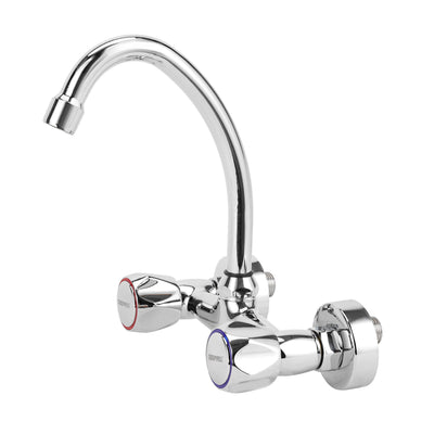 Geepas GSW61026 Dual Handle Wall Mounted Sink Mixer| Solid Brass Kitchen Faucet with Swivel Spout| 1/4 Turn Ceramic Cartridge & Chrome Finish for Two Tap Hole Kitchen