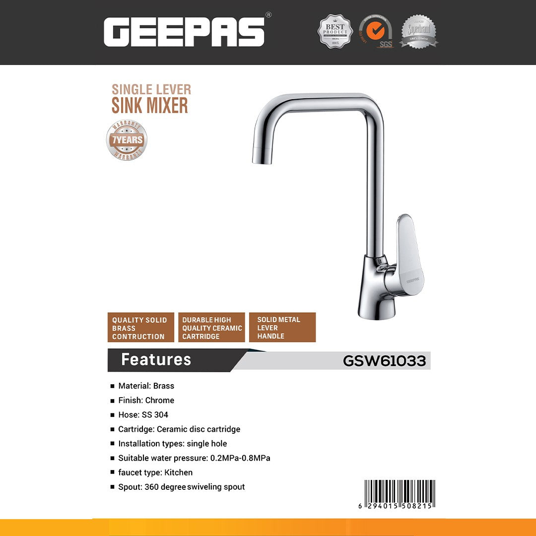 Geepas GSW61033 Single Lever Sink Mixer | Solid Brass Kitchen Faucet with Chrome Finish | 360° Swivel Spout |  Ceramic Disc Cartridge |  Perfect For Kitchen Use