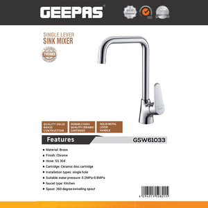 Geepas GSW61033 Single Lever Sink Mixer | Solid Brass Kitchen Faucet with Chrome Finish | 360° Swivel Spout |  Ceramic Disc Cartridge |  Perfect For Kitchen Use