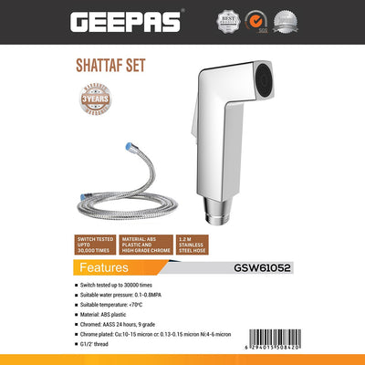 Geepas Shattaf Set- GSW61052|Soft Spray, Non-Stop Water Jet, Switch Tested Up to 30000 Times|High-Quality ABS Material, High Grade Chrome, 1/2" Standard Connector| Silver