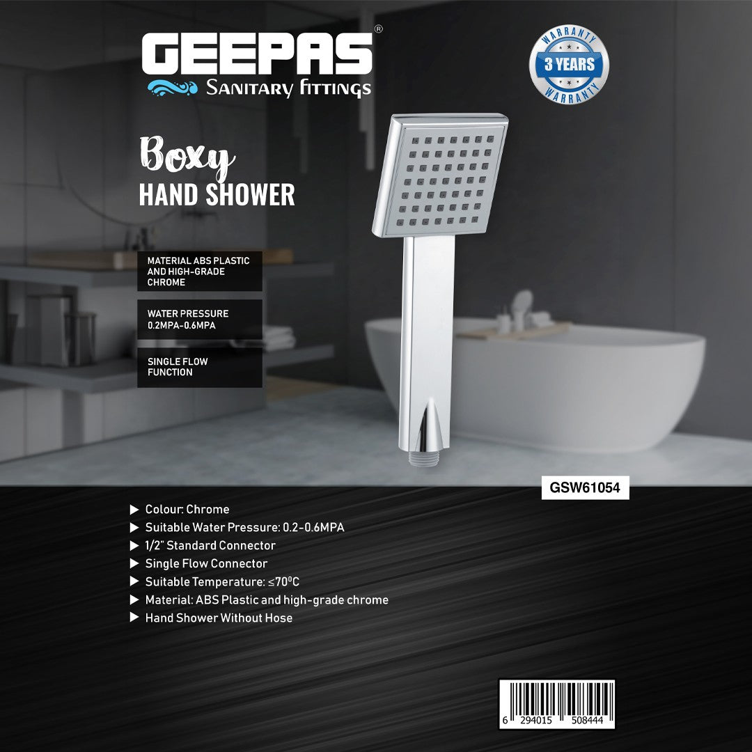 Geepas GSW61054 Boxy Hand Shower | ABS Plastic |Chrome Finish Single Flow Shower Head | 1/2 Inch Connector for Modern Bathrooms | High Pressure Durable Bathroom Design