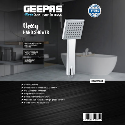 Geepas GSW61054 Boxy Hand Shower | ABS Plastic |Chrome Finish Single Flow Shower Head | 1/2 Inch Connector for Modern Bathrooms | High Pressure Durable Bathroom Design