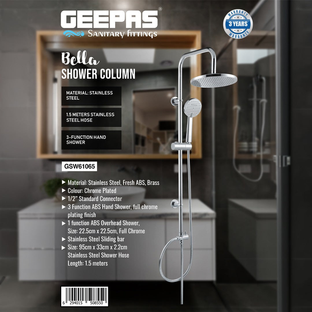 Geepas GSW61065 Bella Shower Column | Stainless Steel Rain Shower System | 3-Function Hand Shower | 1.5m Stainless Steel Hose | Chrome Finish | Adjustable Sliding Bar