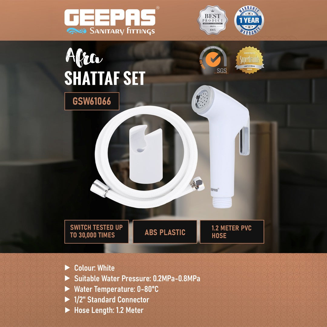 Geepas GSW61066 Shattaf Set | Premium ABS Handheld Bidet Sprayer | Soft Spray Water Jet | 360° Rotation |  Durable PVC Hose | Leak-Proof Brass Inserts & Easy Installation