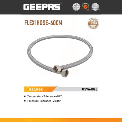 Geepas GSW61068 60cm Flexi Hose  | Braided Stainless Steel Water Supply Hose |  20 Bar Pressure Tolerance | 70°C Temperature Resistance & Leak-Resistant Fittings Design