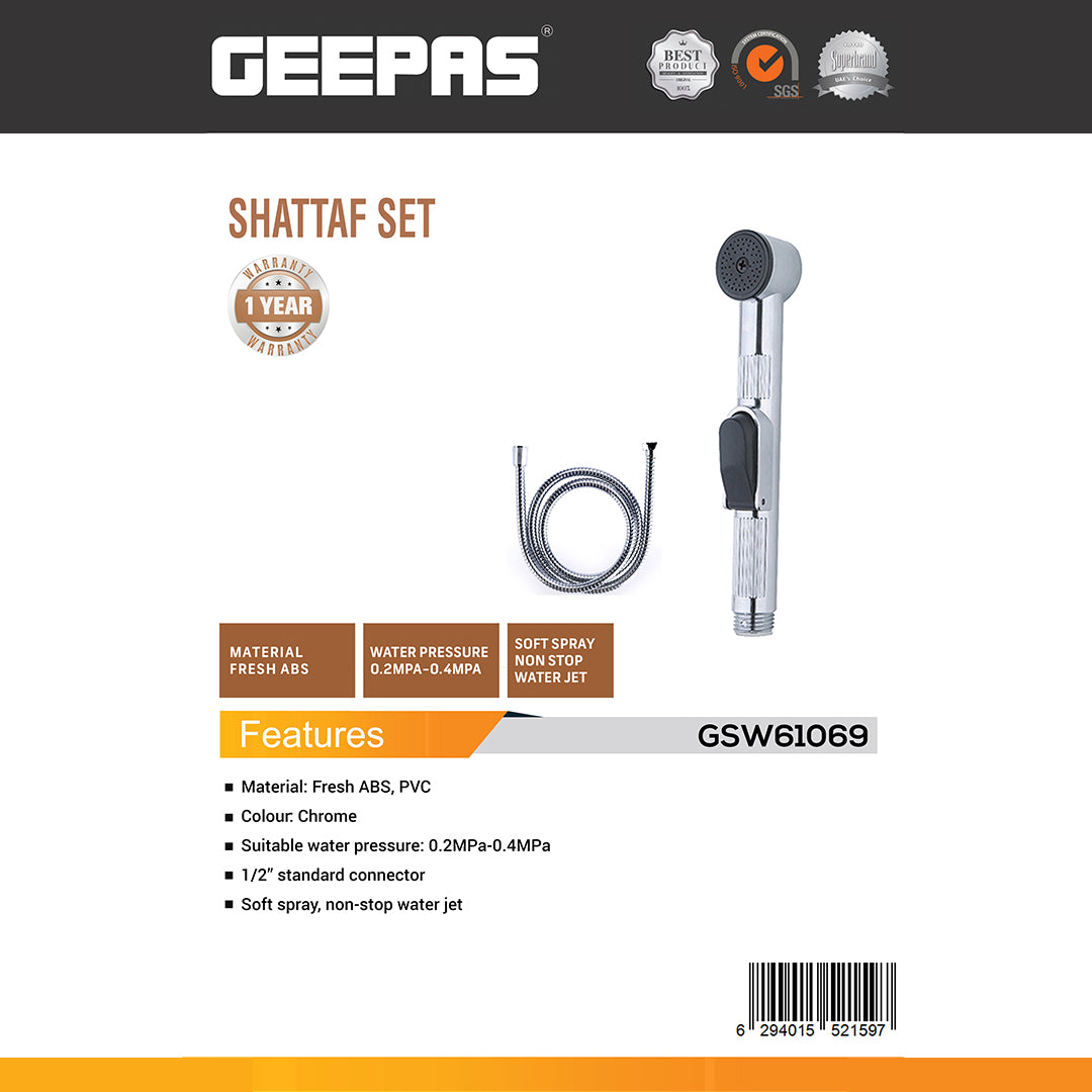 Geepas GSW61069 Shattaf Set with Hose|  Chrome Handheld Bidet Spray for Bathroom Hygiene| Soft Non-Stop Water Jet| 0.2–0.4 MPa Water Pressure| 1/2 Inch Standard Connector