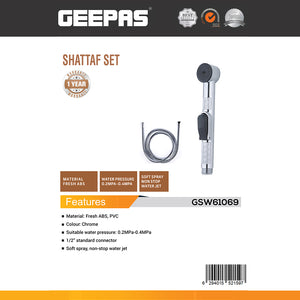 Geepas GSW61069 Shattaf Set with Hose|  Chrome Handheld Bidet Spray for Bathroom Hygiene| Soft Non-Stop Water Jet| 0.2–0.4 MPa Water Pressure| 1/2 Inch Standard Connector