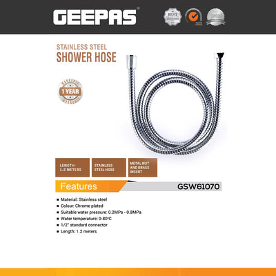 Geepas GSW61070 1.2M Stainless Steel Shower Hose | Chrome Plated Flexible Hose | Metal Nut & Brass Insert | 1/2 Inch Universal Connector for Bathrooms & Shower Systems