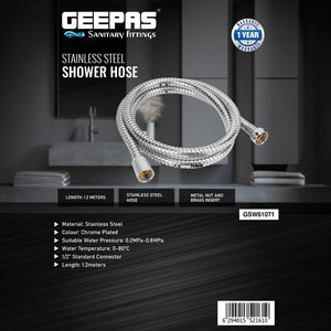 Geepas GSW61071 Stainless Steel  1.2M Shower Hose | Chrome-Plated