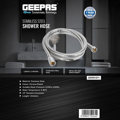 Geepas GSW61071 Stainless Steel  1.2M Shower Hose | Chrome-Plated