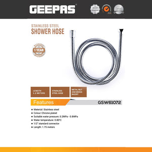 Geepas GSW61072 Stainless Steel Shower Hose | 1.75M Chrome Plated Shower Hose | Brass Insert | 1/2 Inch Universal Connector | Leak-Resistant Bathroom Replacement Hose
