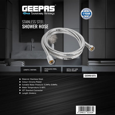 Geepas GSW61073 Stainless Steel 2M Shower Hose | Chrome Plated Flexible Shower Pipe with Brass Insert | 1/2 Inch Universal Connector for Handheld Shower Systems