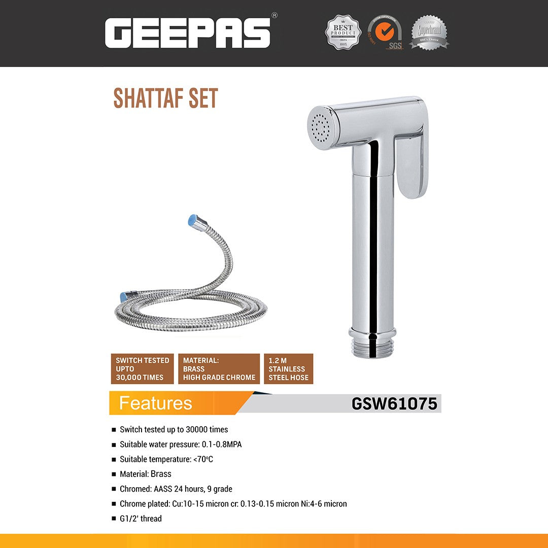 Geepas GSW61075 Shattaf Set | Premium Brass Bidet Spray with 1.2M Stainless Steel Hose| High-Grade Chrome Finish| G1/2 Thread Toilet Spray| Switch Tested 30,000 Times
