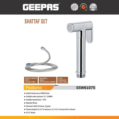 Geepas GSW61075 Shattaf Set | Premium Brass Bidet Spray with 1.2M Stainless Steel Hose| High-Grade Chrome Finish| G1/2 Thread Toilet Spray| Switch Tested 30,000 Times