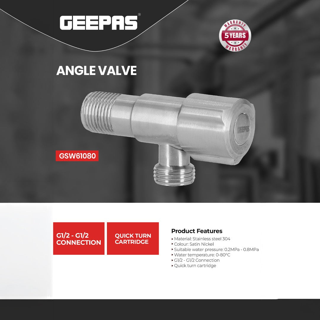 Geepas GSW61080 Angle Valve | G1/2 x G1/2 | Stainless Steel 304 | Quick Turn Cartridge Satin Nickel Water Control Valve for Bathroom & Kitchen Plumbing Fixtures